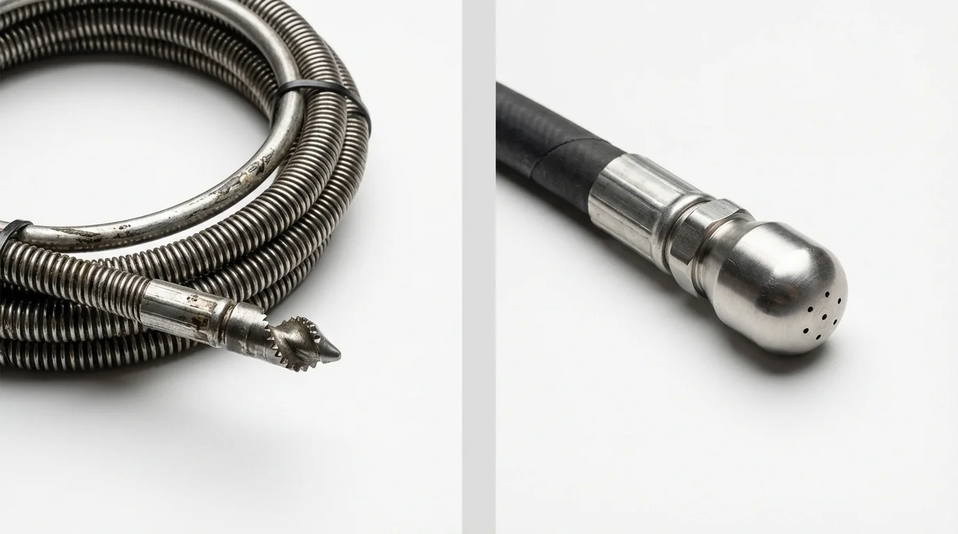 Drain snake cable and hydro jetting nozzle used for drain cleaning in Gladstone, NJ