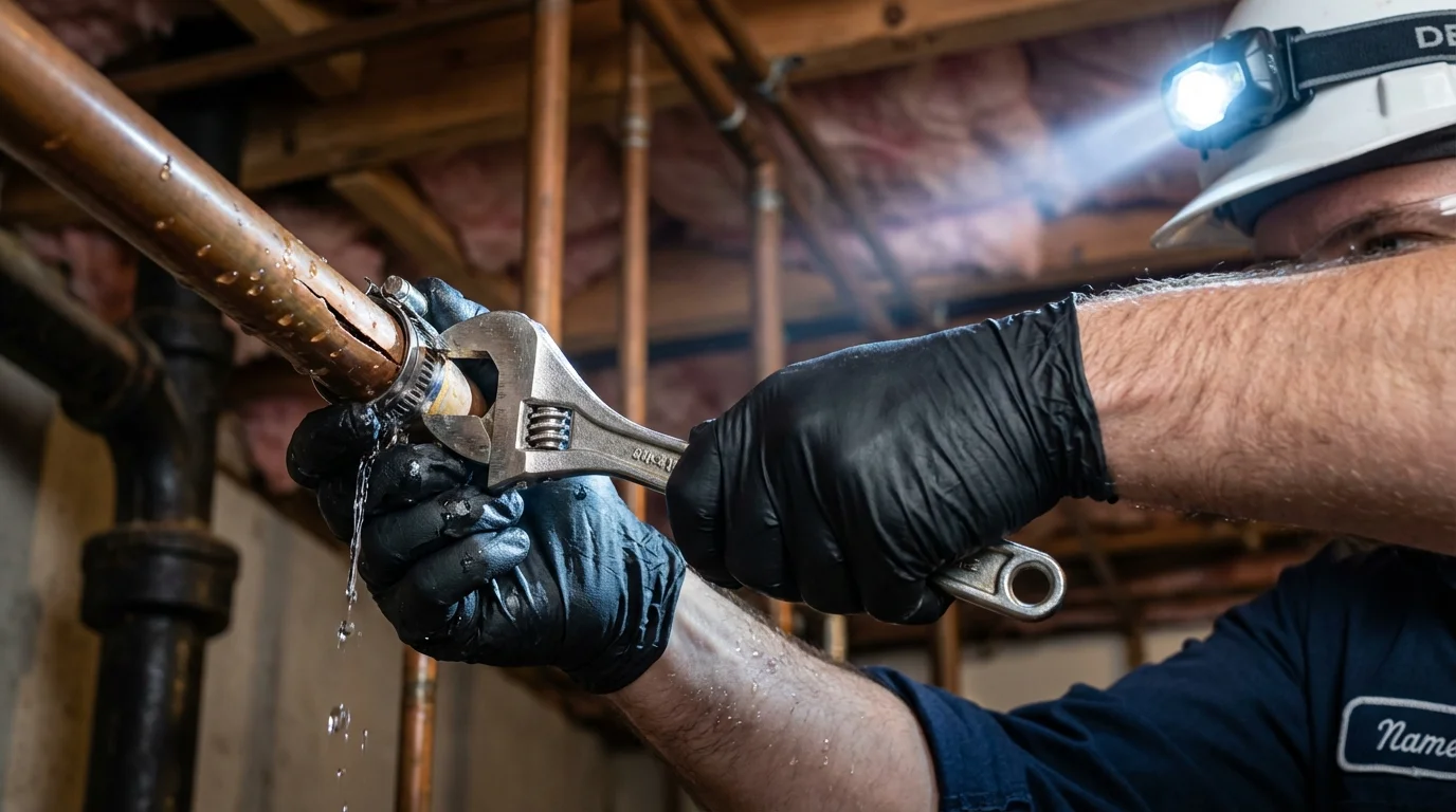Emergency pipe clamp repair being performed by a Johns Plumbing LLC plumber in Gladstone