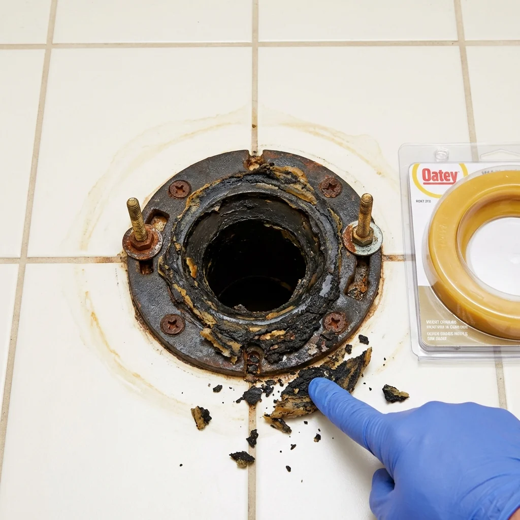 Failed wax ring showing water seepage at the base of a toilet in a Gladstone, NJ home
